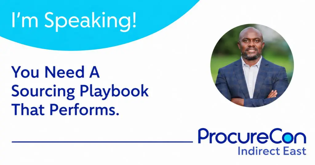 ProcureCon Indirect East speaker banner with headline “You Need A Sourcing Playbook That Performs” and speaker portrait.