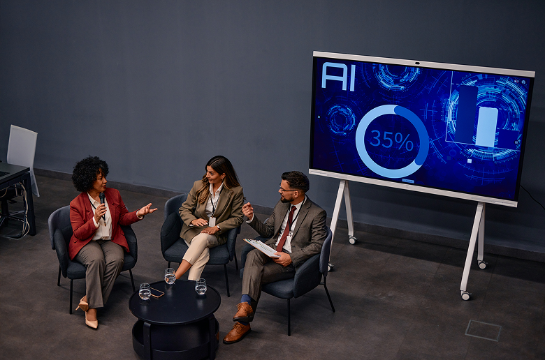 Panel discussion on AI with presentation screen.
