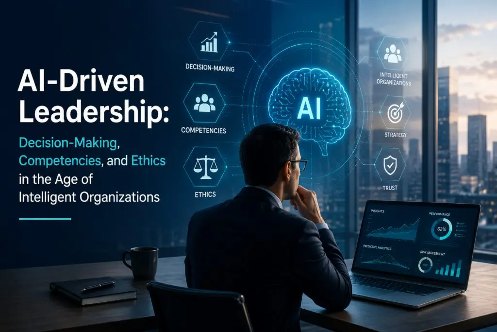 Business executive using AI-powered analytics to support leadership, strategic decision-making, and ethical governance.