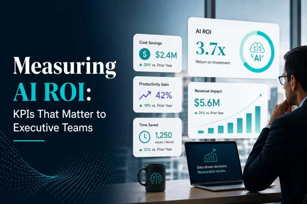 Executive reviewing AI ROI dashboard with business KPIs, analytics, and performance metrics.