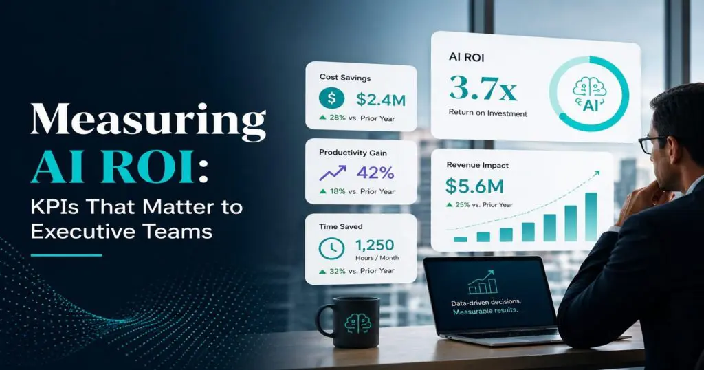 AI ROI graphic representing how organizations measure artificial intelligence investments through business value, performance, and measurable outcomes.