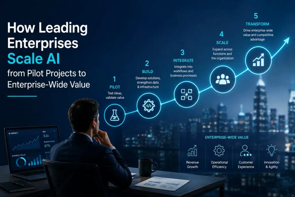 Business executive scaling AI from pilot projects to enterprise-wide adoption using data-driven strategy and digital transformation.