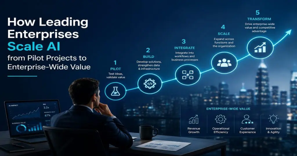 Leading enterprises scaling AI graphic representing enterprise-wide AI adoption, strategic implementation, operational transformation, and business growth.