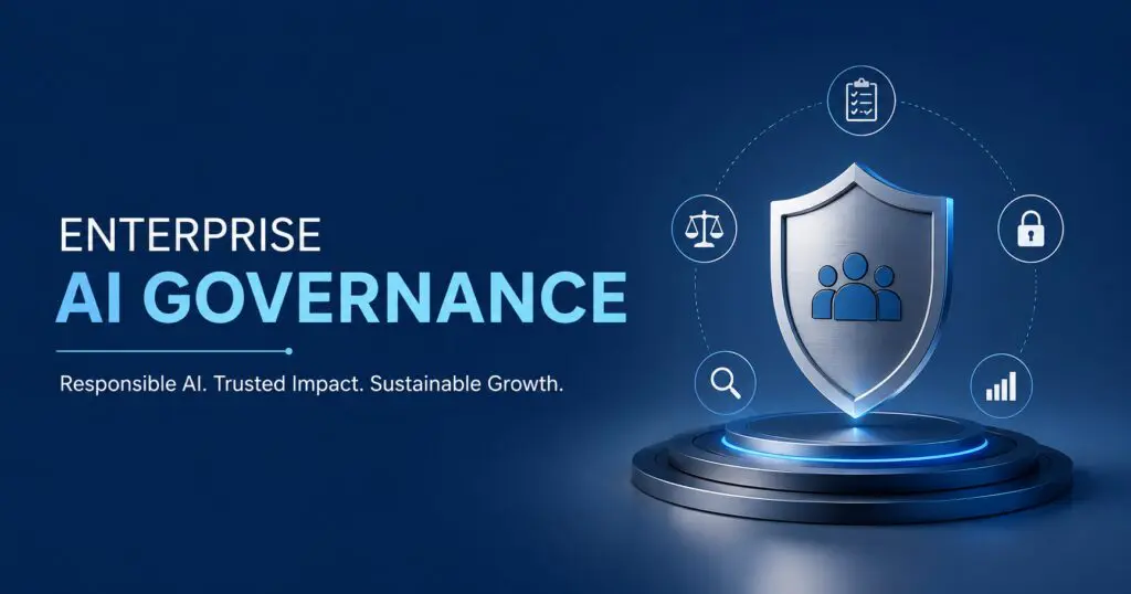 Enterprise AI governance banner with a digital network illustrating governance, risk, and responsible AI adoption.