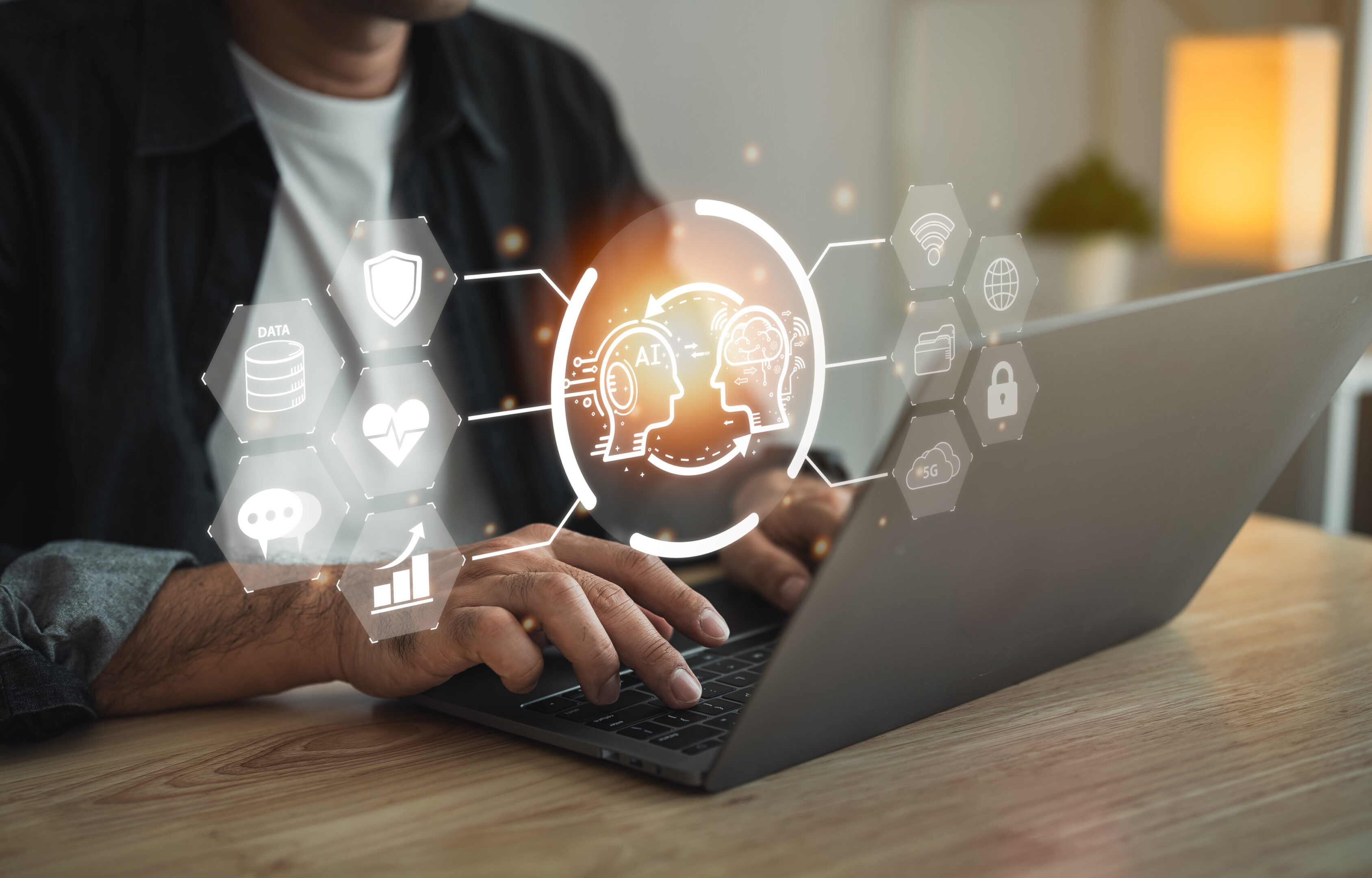 Man using laptop and touch virtual digital Ai network chain. Digital transformation change management, internet of things, smart Ai technology, IoT concepts of business icons smart Internet of Things.